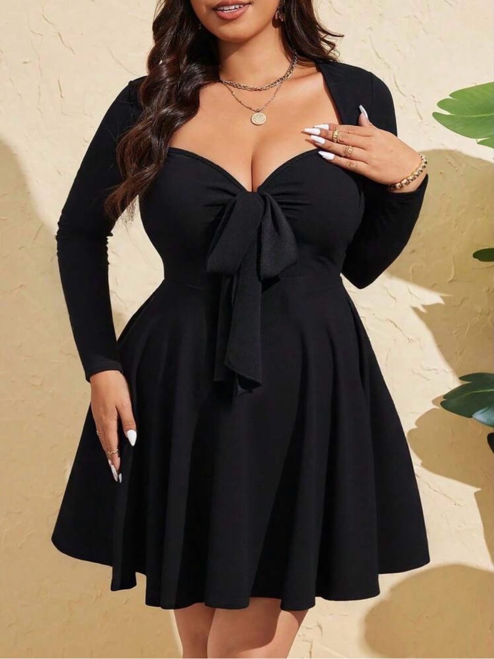 SHEIN | Black Long Sleeve Tie-Front Skater Dress